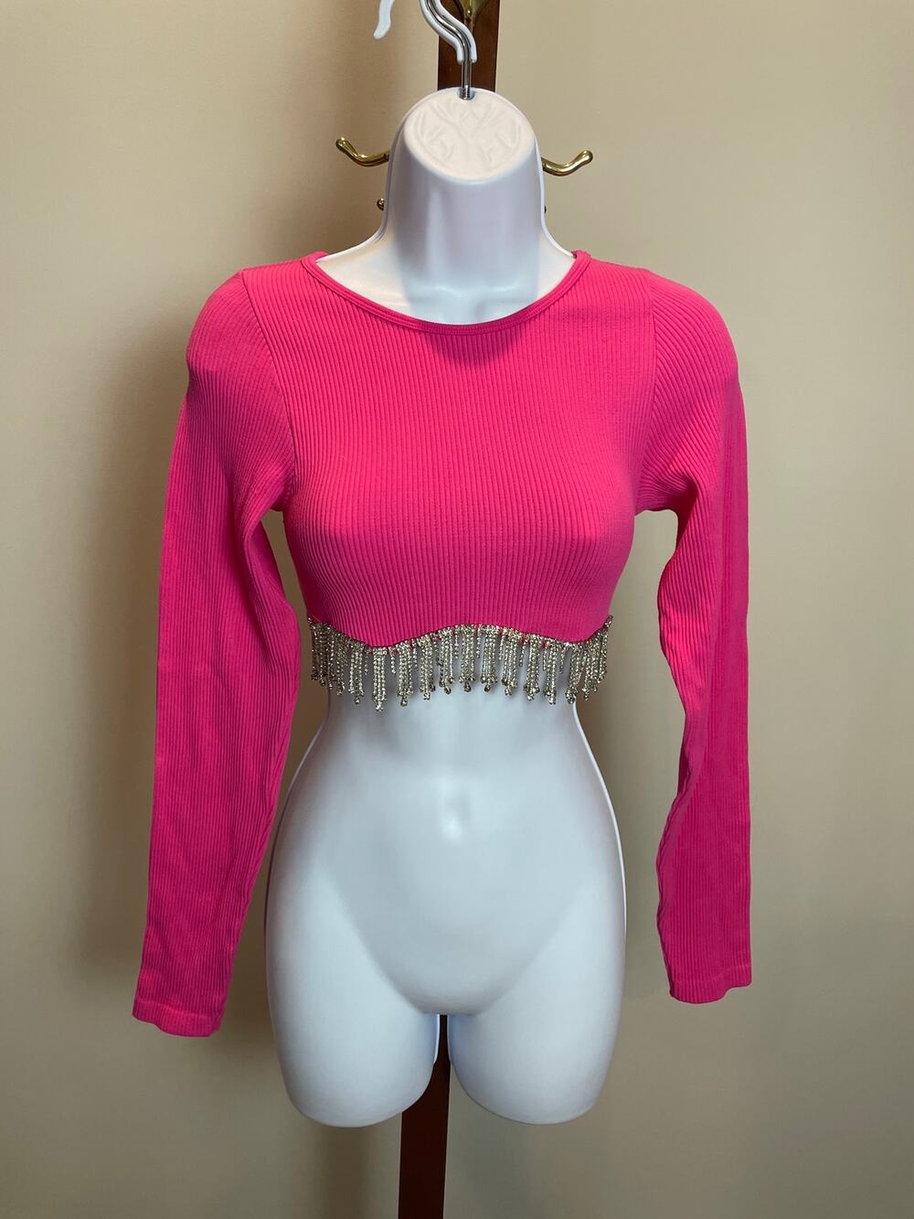 Sincerely Jules Crop Top Size S Pink Rhinestone Fringe Long Sleeve New With Tag